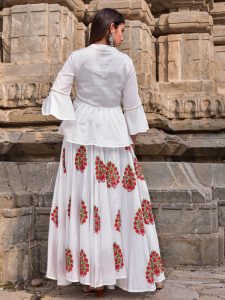 White Jaam Silk Hand Block Printing Lehenga With Top