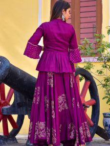 Purple Hand Print Silk Kurtis Lehenga With Top