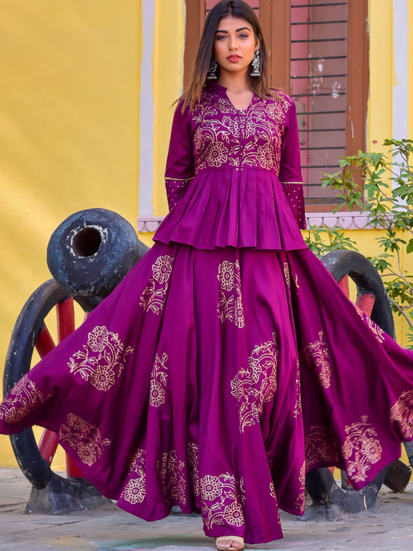 Purple Hand Print Silk Kurtis Lehenga With Top