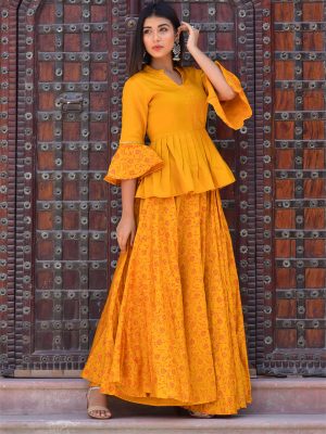 Mustard Jaam Silk Hand Block Printing Lehenga With Top