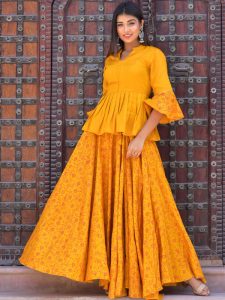 Mustard Jaam Silk Hand Block Printing Lehenga With Top