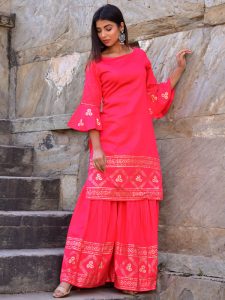 Gajri Jaam Silk Hand Block Printing Sharara Kurta Set