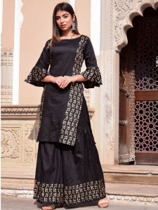 Black Jaam Silk Hand Block Printing Sharara Kurta Set