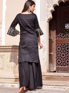 Black Jaam Silk Hand Block Printing Sharara Kurta Set