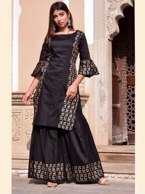 Black Jaam Silk Hand Block Printing Sharara Kurta Set