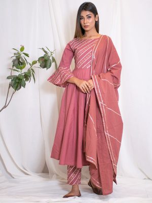 Laali Cotton Hand Block Printing Move Pink Kurta Pant Dupatta (Set Of 3)