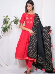 Shifli Cotton Hand Block Printing Red Kurta Pant Dupatta (Set Of 3)