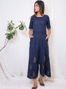 Titli Cotton Slub Hand Block Printing Dark Blue Jumpsuit