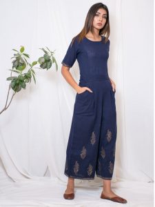 Titli Cotton Slub Hand Block Printing Dark Blue Jumpsuit