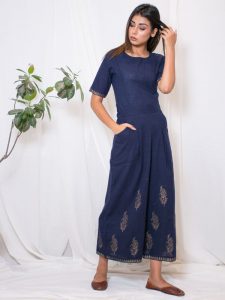 Titli Cotton Slub Hand Block Printing Dark Blue Jumpsuit