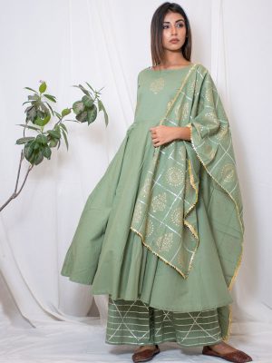 Paaro Cotton Hand Block Printing Mehndi Green Kurta Plazzo Dupatta (Set Of 3)