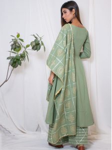 Paaro Cotton Hand Block Printing Mehndi Green Kurta Plazzo Dupatta (Set Of 3)