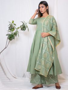 Paaro Cotton Hand Block Printing Mehndi Green Kurta Plazzo Dupatta (Set Of 3)