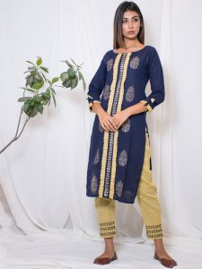 Kaanchli Cotton Slub Hand Block Printing Dark Blue Kurta Pant (Set Of 2)