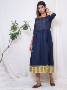 Aks South Blue Cotton Slub Hand Block Printing Dark Blue Gown