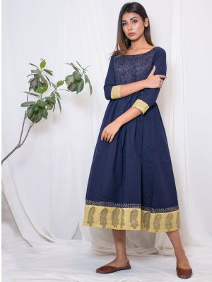 Aks South Blue Cotton Slub Hand Block Printing Dark Blue Gown