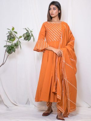 Rustic Cotton Gota Work Rust Kurta Plazzo Dupatta(Set Of 3)