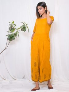 Fida Cotton Slub Hand Block Printing Mustard Jumpsuit