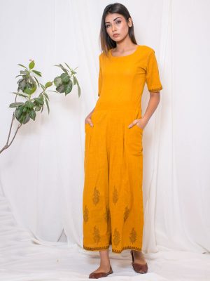 Fida Cotton Slub Hand Block Printing Mustard Jumpsuit