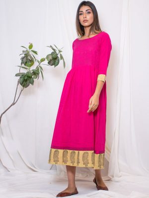 Aks South Rani Cotton Slub Hand Block Printing Bright Pink Gown