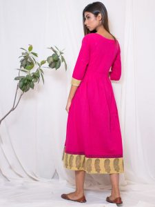 Aks South Rani Cotton Slub Hand Block Printing Bright Pink Gown