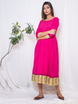 Aks South Rani Cotton Slub Hand Block Printing Bright Pink Gown
