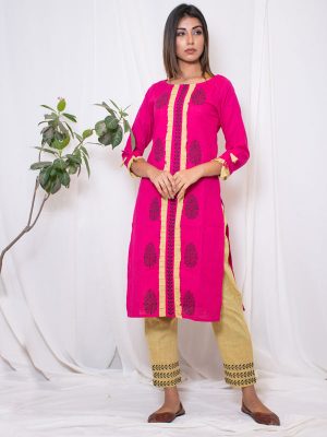Kanchan Cotton Slub Hand Block Printing Bright Pink Kurta Pant (Set Of 2)
