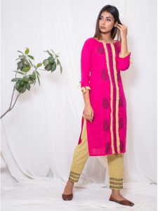 Kanchan Cotton Slub Hand Block Printing Bright Pink Kurta Pant (Set Of 2)