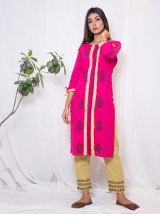 Kanchan Cotton Slub Hand Block Printing Bright Pink Kurta Pant (Set Of 2)