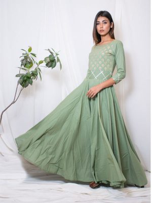 Olive Cotton Hand Block Printing Mehendi Green Gown