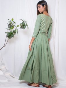 Olive Cotton Hand Block Printing Mehendi Green Gown