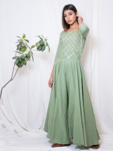 Olive Cotton Hand Block Printing Mehendi Green Gown