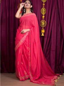 Blushy Coral Cotton Mulmul Coral (Gajri) Block Print Saree