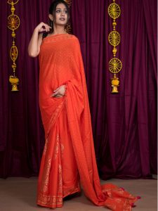 Tangy Orange Cotton Mulmul Block Print Saree