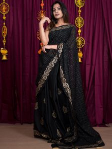 Dusky Black Cotton Mulmul Block Print Saree