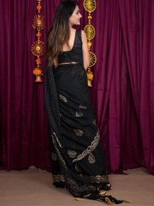 Dusky Black Cotton Mulmul Block Print Saree