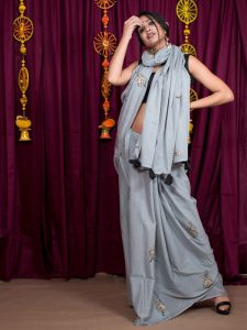 Livid Grey Cotton Mulmul Block Print Saree