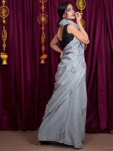 Livid Grey Cotton Mulmul Block Print Saree