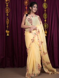 Imperial Yellow Cotton Mulmul Block Print Saree