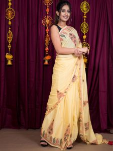 Imperial Yellow Cotton Mulmul Block Print Saree