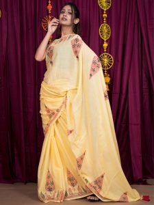 Imperial Yellow Cotton Mulmul Block Print Saree