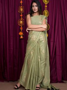 Bosky Green Cotton Mulmul Block Print Saree