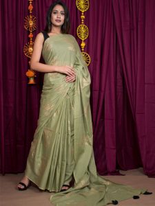 Bosky Green Cotton Mulmul Block Print Saree