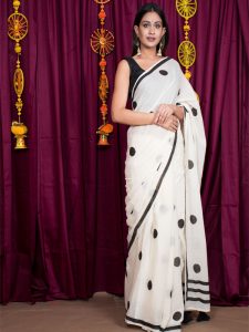 Limpid White Cotton Mulmul Block Print Saree