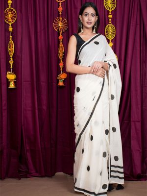 Limpid White Cotton Mulmul Block Print Saree