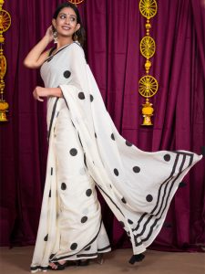 Limpid White Cotton Mulmul Block Print Saree