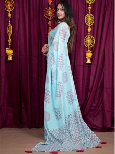 Azure Cotton Mulmul Sky Blue Block Print Saree