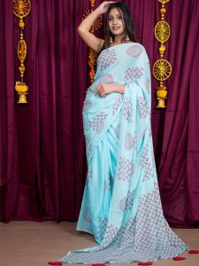 Azure Cotton Mulmul Sky Blue Block Print Saree