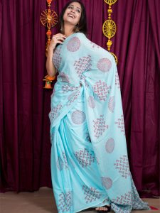 Azure Cotton Mulmul Sky Blue Block Print Saree