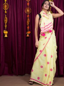 Lemon Lily Cotton Mulmul Lemon Colour Block Print Saree